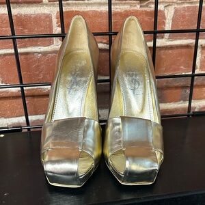 Yves Saint Laurent Dada Gold Peep-Toe Semi wedge Platform Heels